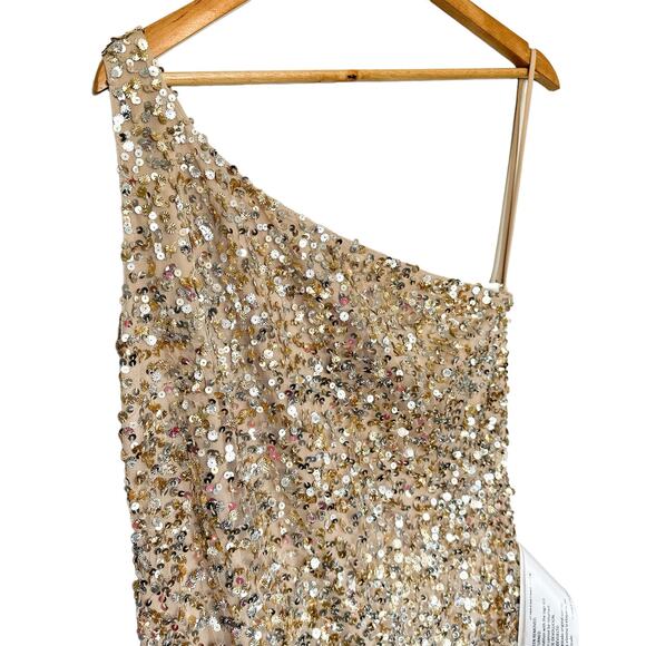 Mac Duggal NEW One Shoulder Sequin Embellished High Slit Maxi Gown Champagne 4 - Picture 4 of 16